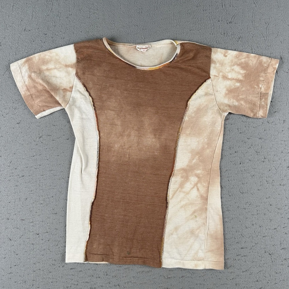 Vintage 70s Buccaneer Panel Knit T Shirt Women's XS Brown Cream Boho Hippie